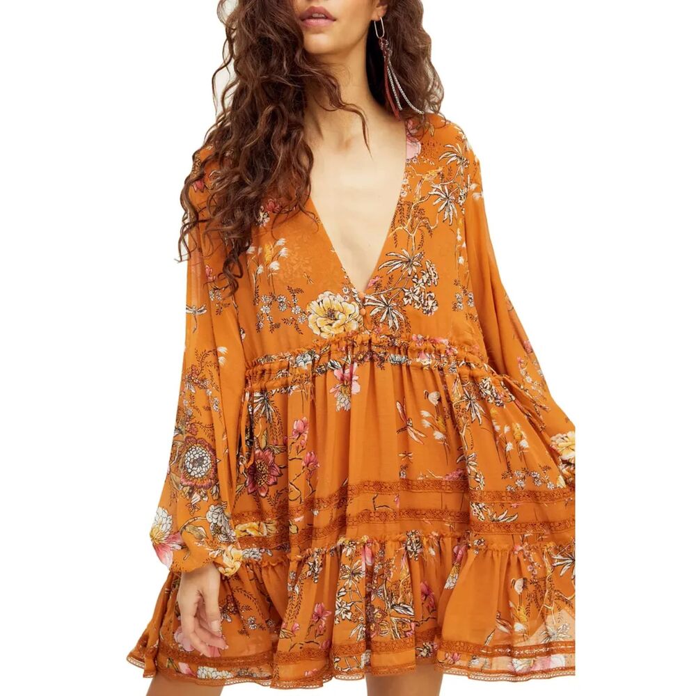 Free People Cherry Blossom Mini Dress Boho Floral Festival Topaz Combo Size XS